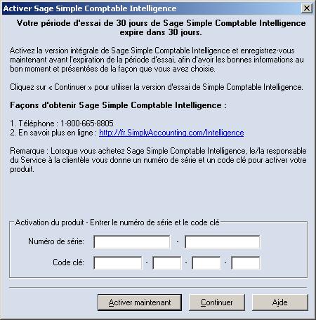 La fenêtre d'activation de Sage Simple Comptable Intelligence est un ...